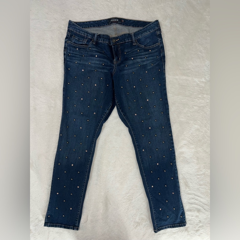 Torrid Blue Straight Leg Jeans with Rhinestone and Stud Accents
